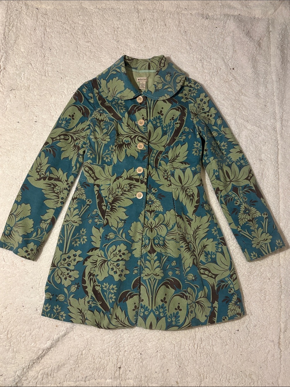Anthropologie Teal and Sage Floral-Print Trench Coat size 4